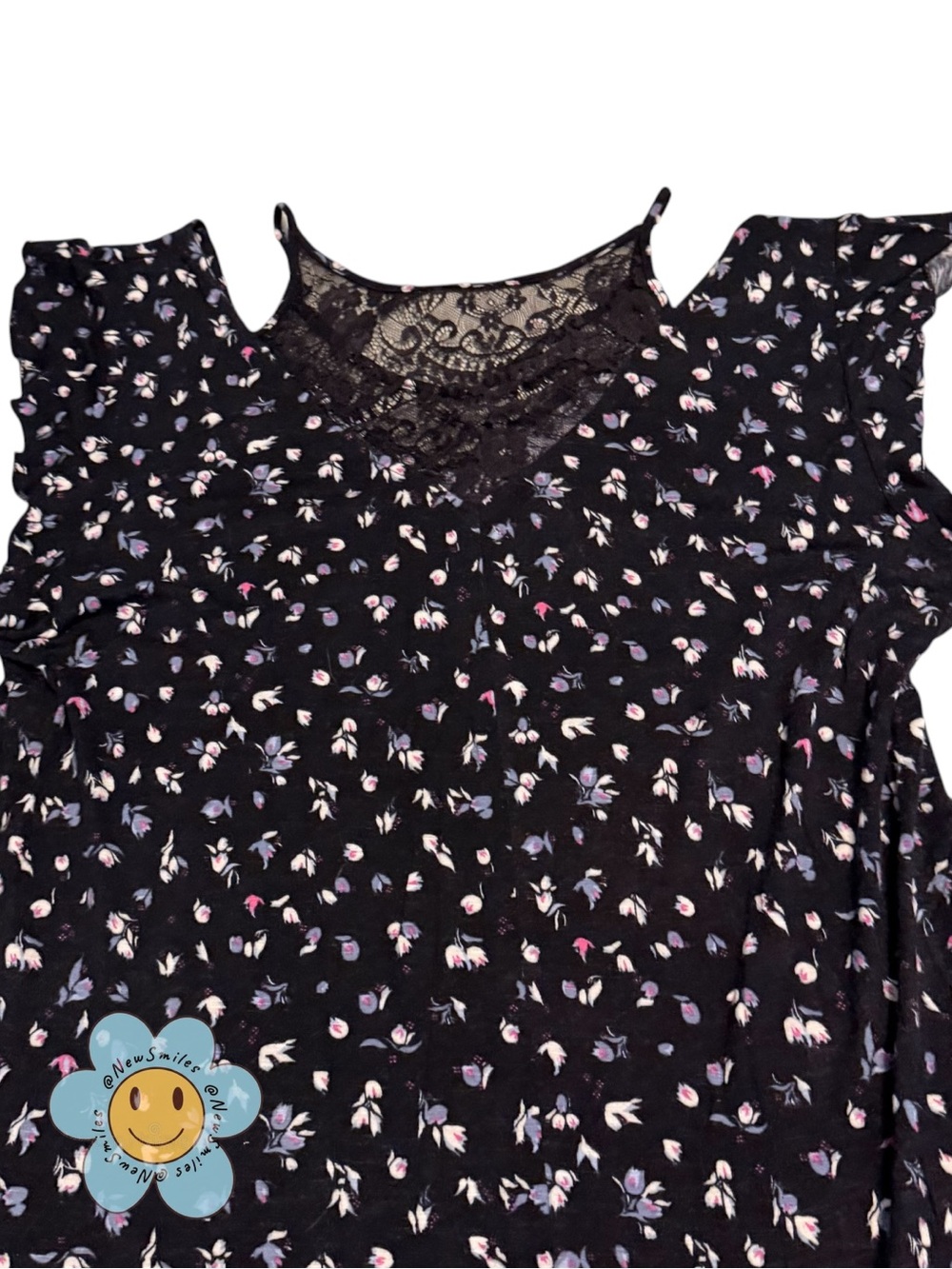Maurices ~ Floral Blouse ~ Black Lace ~ Cold Shoulder w/ Flutter Sleeves ~ GUC